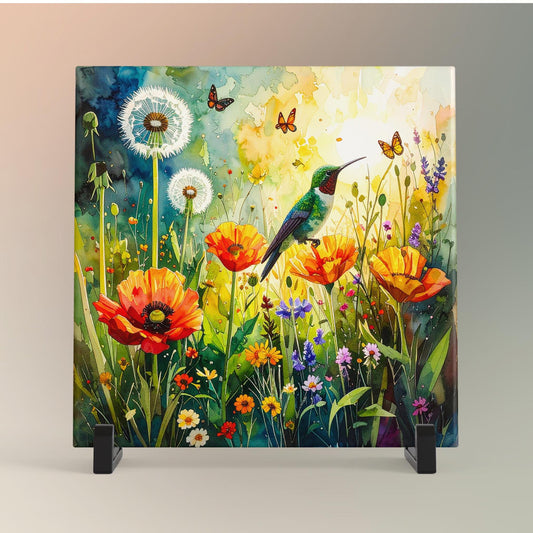Wildflower and Hummingbird Ceramic Art Tile | Wall Decor | Spring Home Decor | Floral Art | Whimsical Flowers | Wall Tile | Gift for Mom