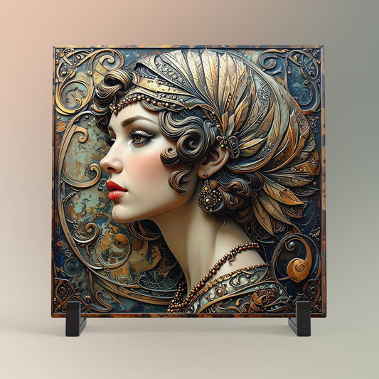 Art Deco Art Tile, Vintage Bronze 1930s Woman, Elegant Wall Decor for Art Nouveau Style, Retro Home Accents
