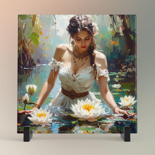 Beautiful Woman with Lotus Flowers Ceramic Tile Art, Bohemian Decor for Home, Unique Gift for Art Lovers - 3 Styles