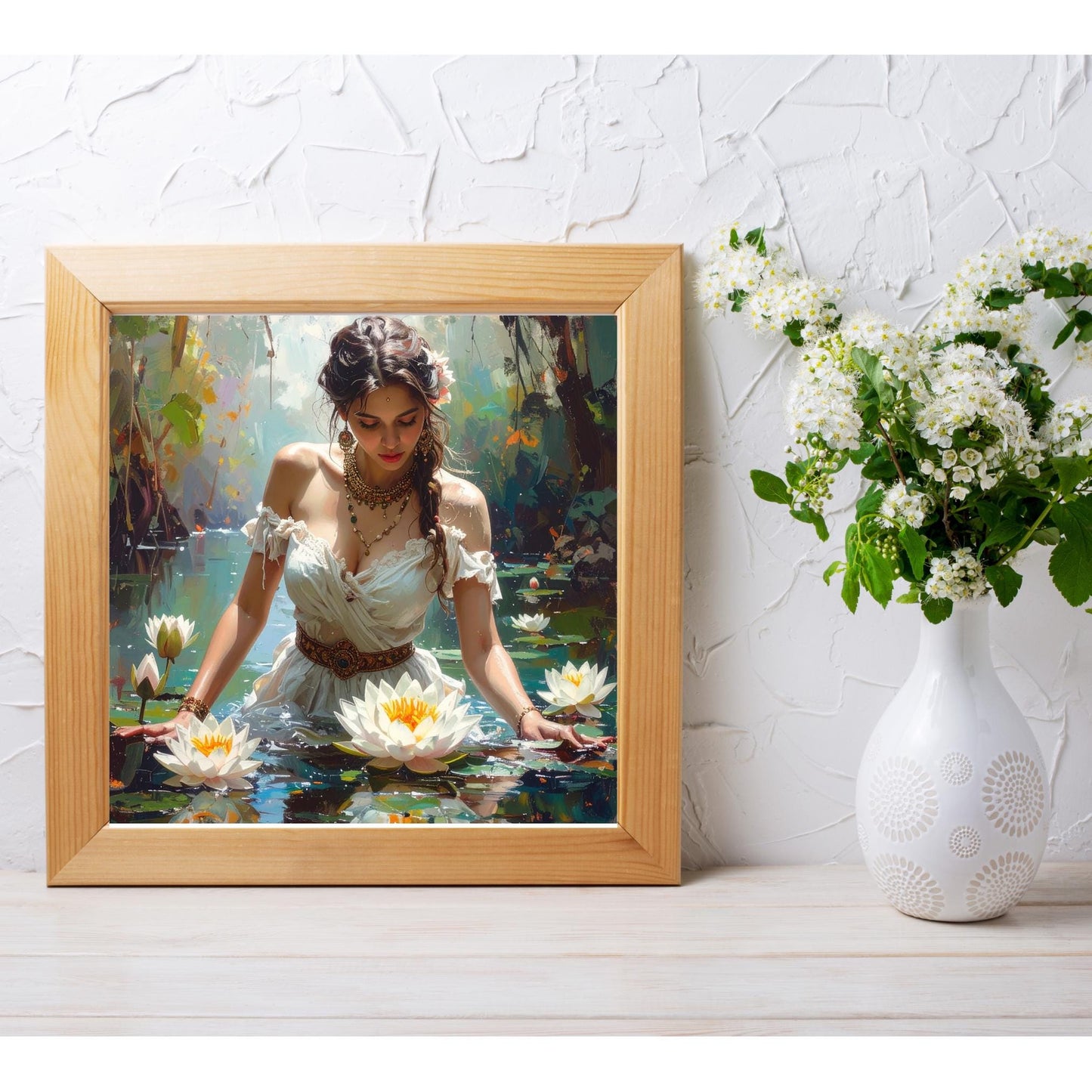 Beautiful Woman with Lotus Flowers Ceramic Tile Art, Bohemian Decor for Home, Unique Gift for Art Lovers - 3 Styles