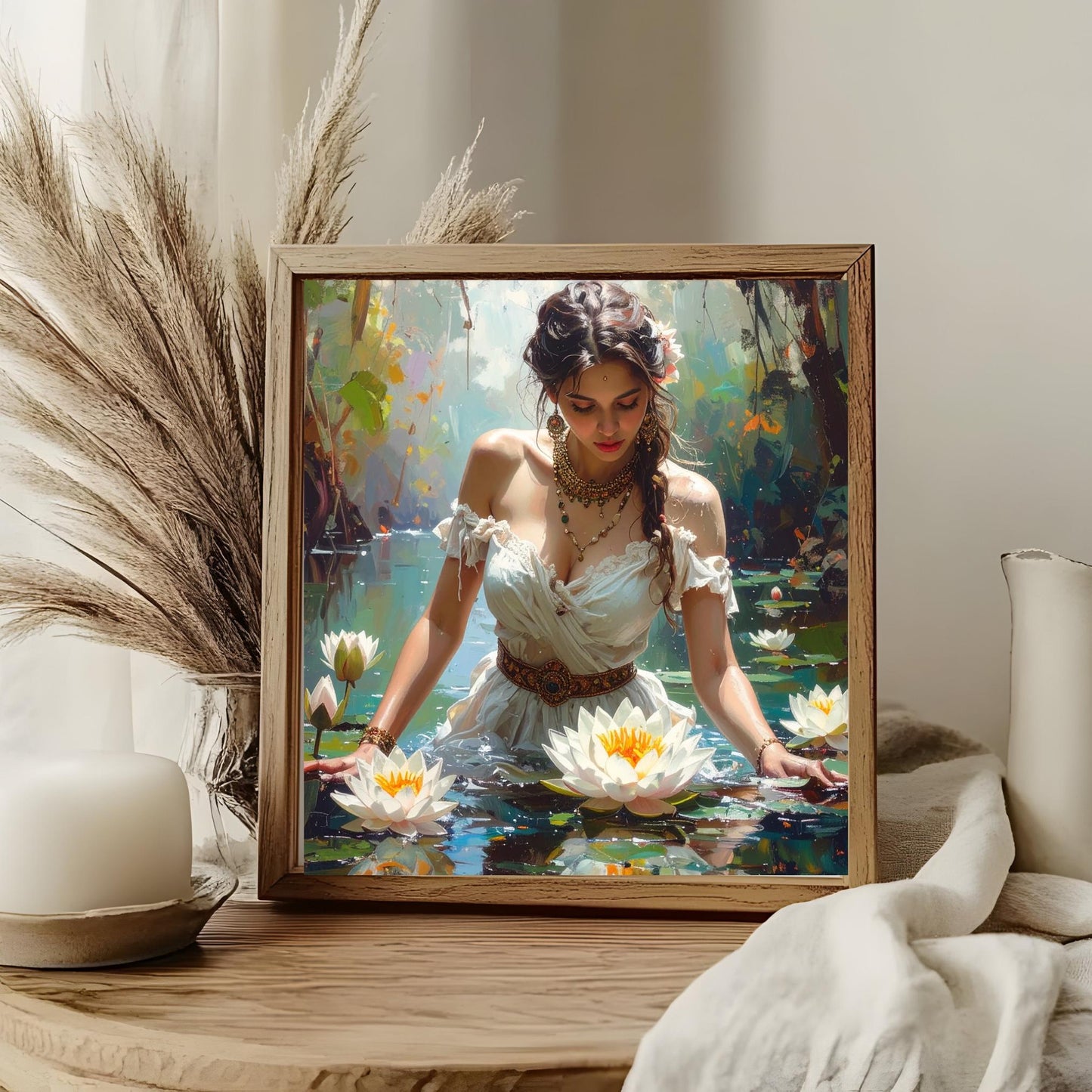 Beautiful Woman with Lotus Flowers Ceramic Tile Art, Bohemian Decor for Home, Unique Gift for Art Lovers - 3 Styles