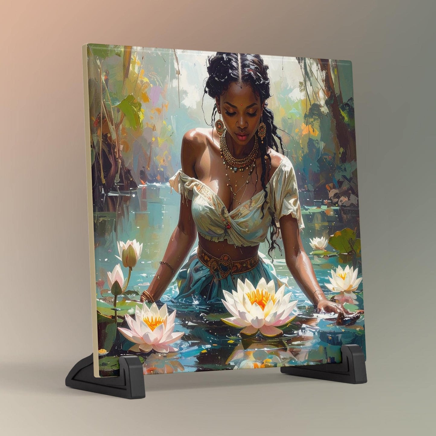 Beautiful Black Woman with Lotus Flowers Ceramic Tile Art, Mediation Art, Bohemian Decor for Home, Unique Spa Gift for Art Lovers - 3 Styles