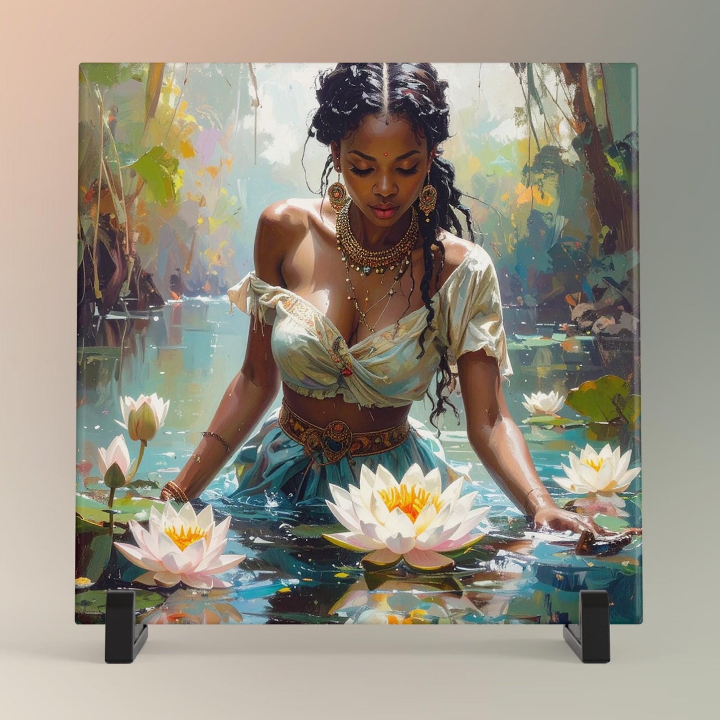 Beautiful Black Woman with Lotus Flowers Ceramic Tile Art, Mediation Art, Bohemian Decor for Home, Unique Spa Gift for Art Lovers - 3 Styles