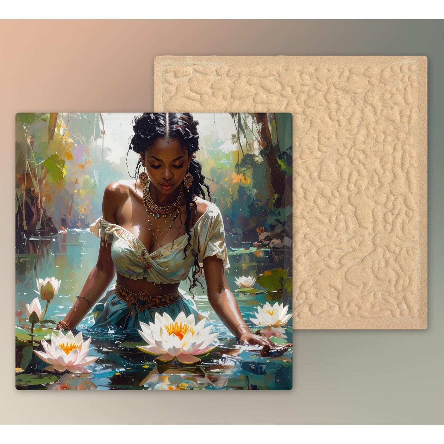 Beautiful Black Woman with Lotus Flowers Ceramic Tile Art, Mediation Art, Bohemian Decor for Home, Unique Spa Gift for Art Lovers - 3 Styles