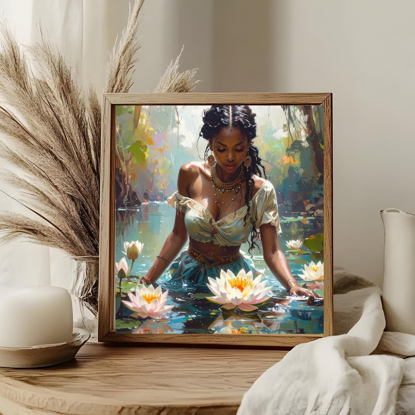 Beautiful Black Woman with Lotus Flowers Ceramic Tile Art, Mediation Art, Bohemian Decor for Home, Unique Spa Gift for Art Lovers - 3 Styles