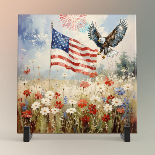 Patriotic American Flag Ceramic Tile Art, Wild Flower Eagle Design for 4th of July Home Decor and Great Gifts