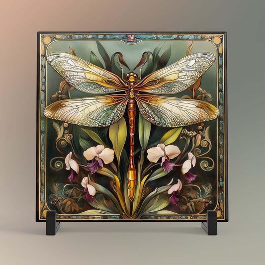 Dragonfly Art Tile -  Art Nouveau Ceramic Tile for Decorative Wall Use, Unique Home Decor Gift for Nature Lovers