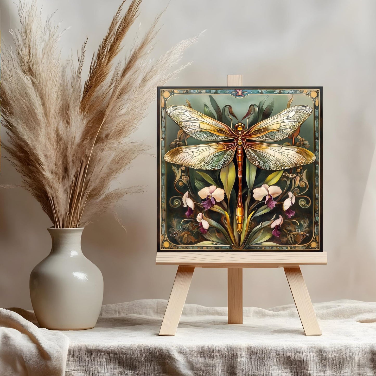 Dragonfly Art Tile -  Art Nouveau Ceramic Tile for Decorative Wall Use, Unique Home Decor Gift for Nature Lovers