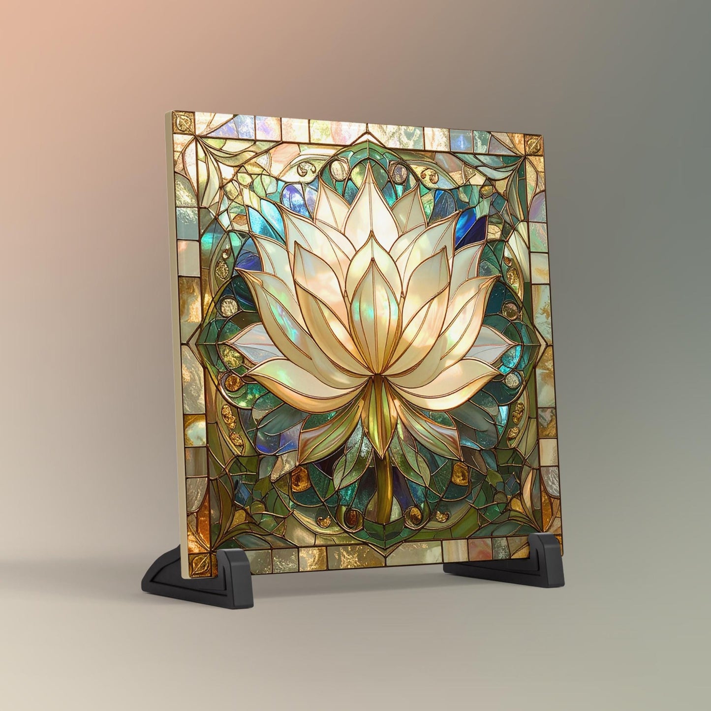 Lotus Flower Ceramic Tile Art - Stained Glass Look Elegant Flower Wall Decor for Yoga & Meditation, Spiritual Mindfulness Gift - Spa Gift