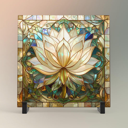 Lotus Flower Ceramic Tile Art - Stained Glass Look Elegant Flower Wall Decor for Yoga & Meditation, Spiritual Mindfulness Gift - Spa Gift