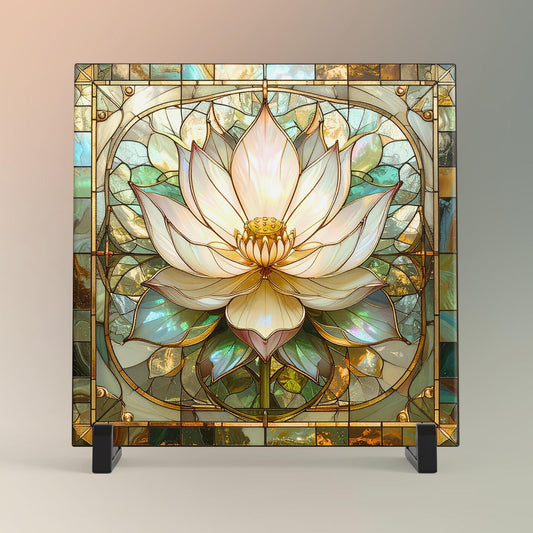 Lotus Flower Ceramic Tile Art - Stained Glass Look Elegant Flower Wall Decor for Yoga & Meditation, Spiritual Mindfulness Gift - Spa Gift