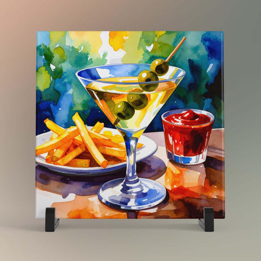 Martini and French Fries Ceramic Art Tile | Watercolor Art Print | Whimsical Quirky Art | Cocktail Art Bar Cart Decor | Trendy Kitchen Wall