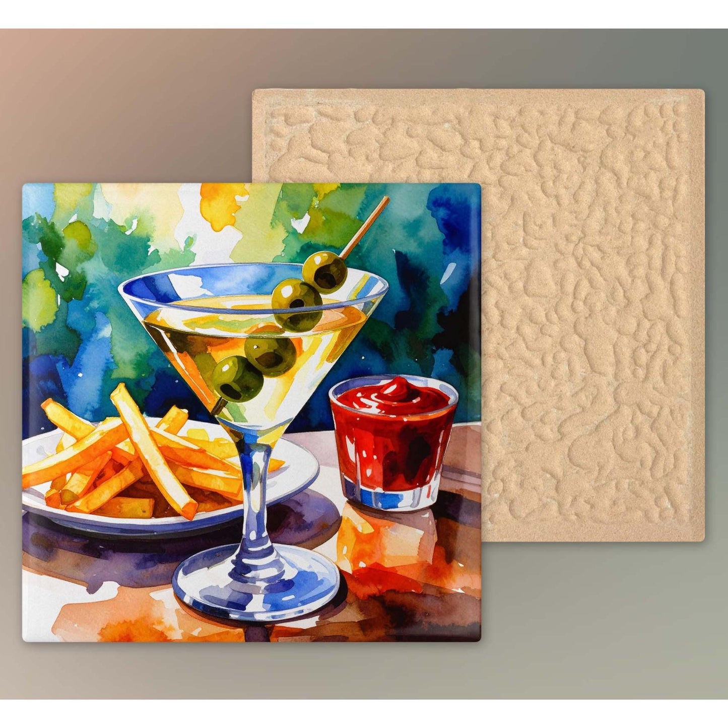 Martini and French Fries Ceramic Art Tile | Watercolor Art Print | Whimsical Quirky Art | Cocktail Art Bar Cart Decor | Trendy Kitchen Wall