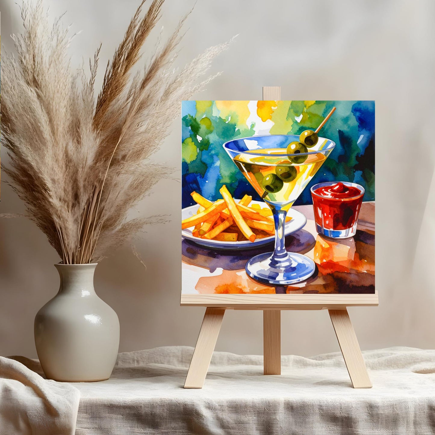 Martini and French Fries Ceramic Art Tile | Watercolor Art Print | Whimsical Quirky Art | Cocktail Art Bar Cart Decor | Trendy Kitchen Wall