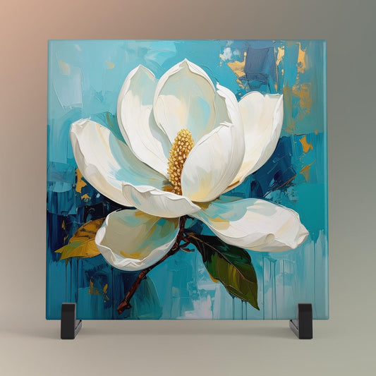 Magnolia Flower Ceramic Tile Art - Abstract Floral Art - Elegant Flower Wall Decor - White Floral Home Decor Art for Small Spaces