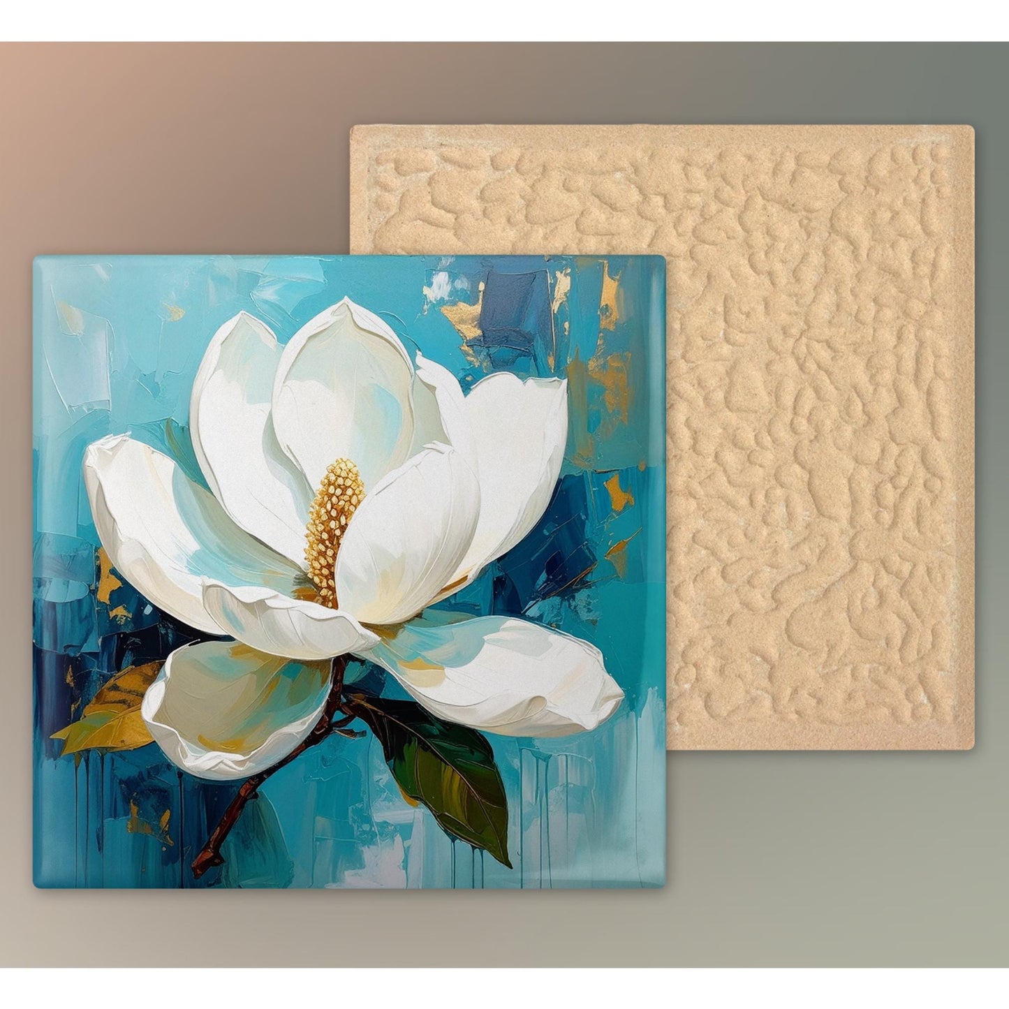 Magnolia Flower Ceramic Tile Art - Abstract Floral Art - Elegant Flower Wall Decor - White Floral Home Decor Art for Small Spaces