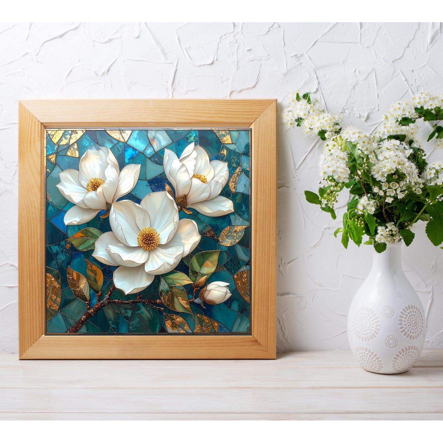 Magnolia Flowers Ceramic Tile Art - Art Deco Styled Stained Glass Look Elegant Flower Wall Decor - White Floral Home Decor - v2