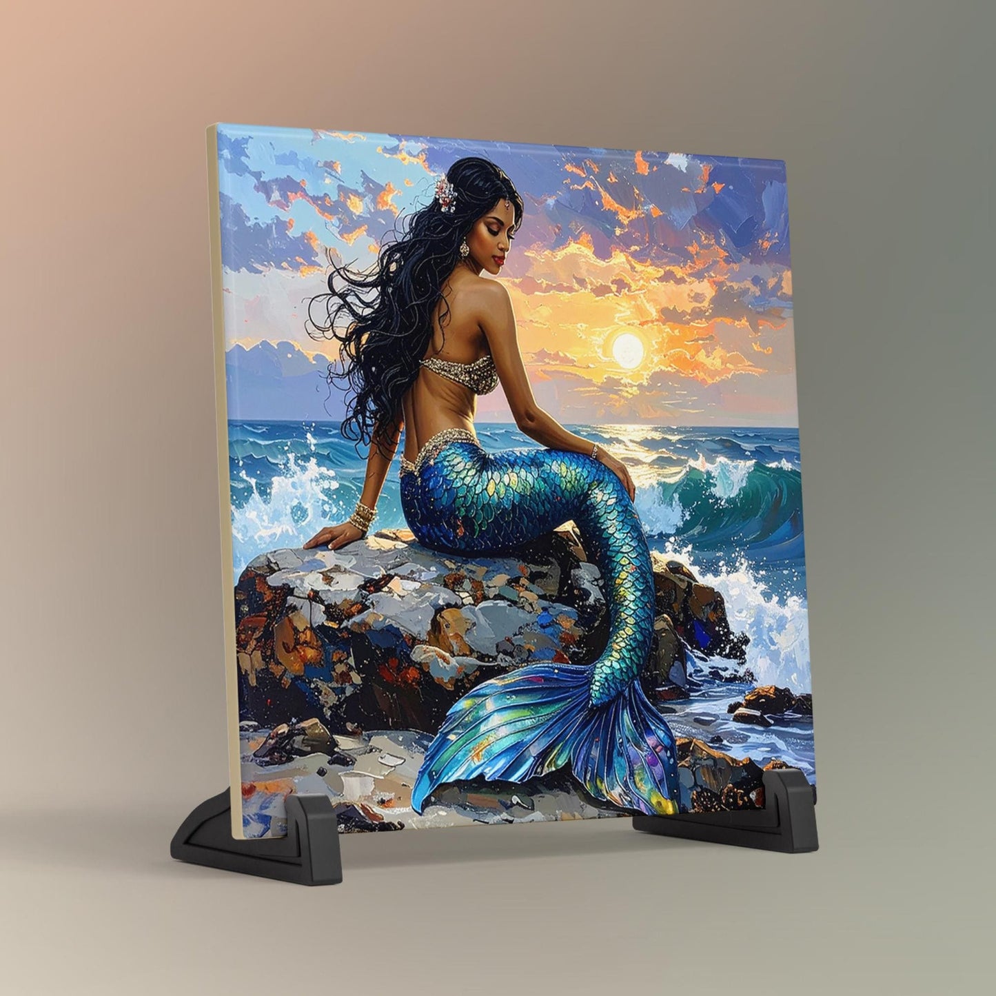 Beautiful Mermaid Ceramic Art Tile, Exotic Coastal Wall Decor for Small Spaces, Unique Sea Creatures Art Gift for Ocean Lovers