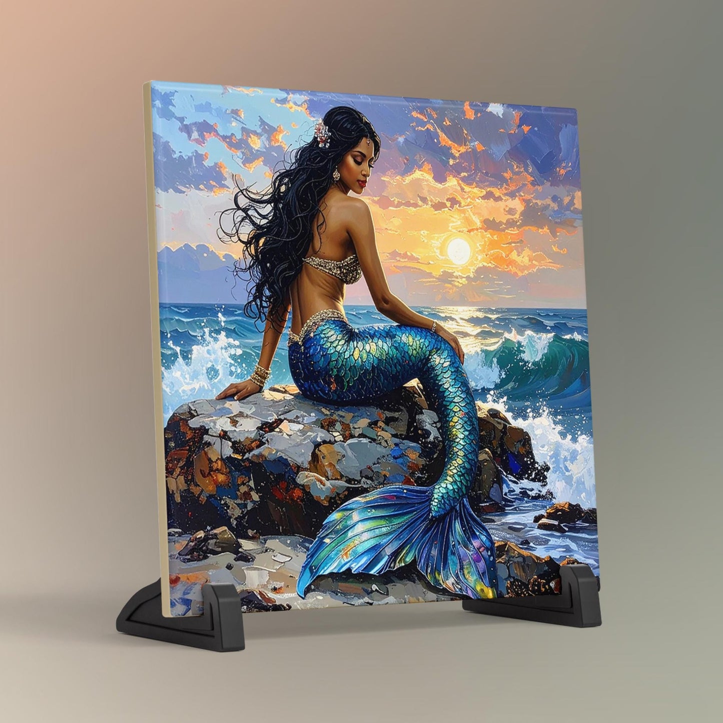 Beautiful Mermaid Ceramic Art Tile, Exotic Coastal Wall Decor for Small Spaces, Unique Sea Creatures Art Gift for Ocean Lovers