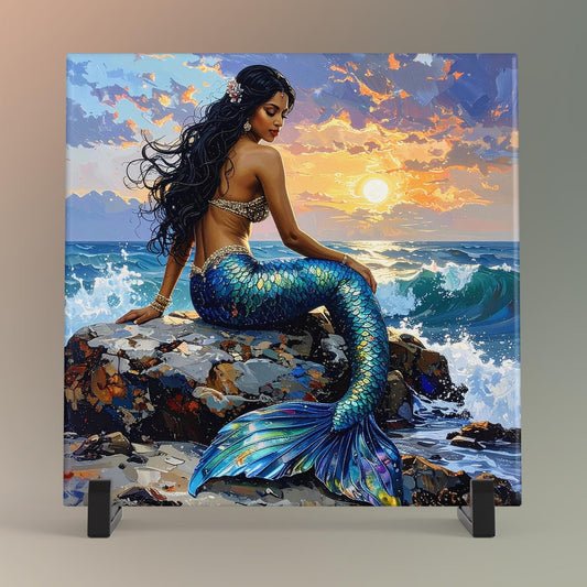 Beautiful Mermaid Ceramic Art Tile, Exotic Coastal Wall Decor for Small Spaces, Unique Sea Creatures Art Gift for Ocean Lovers