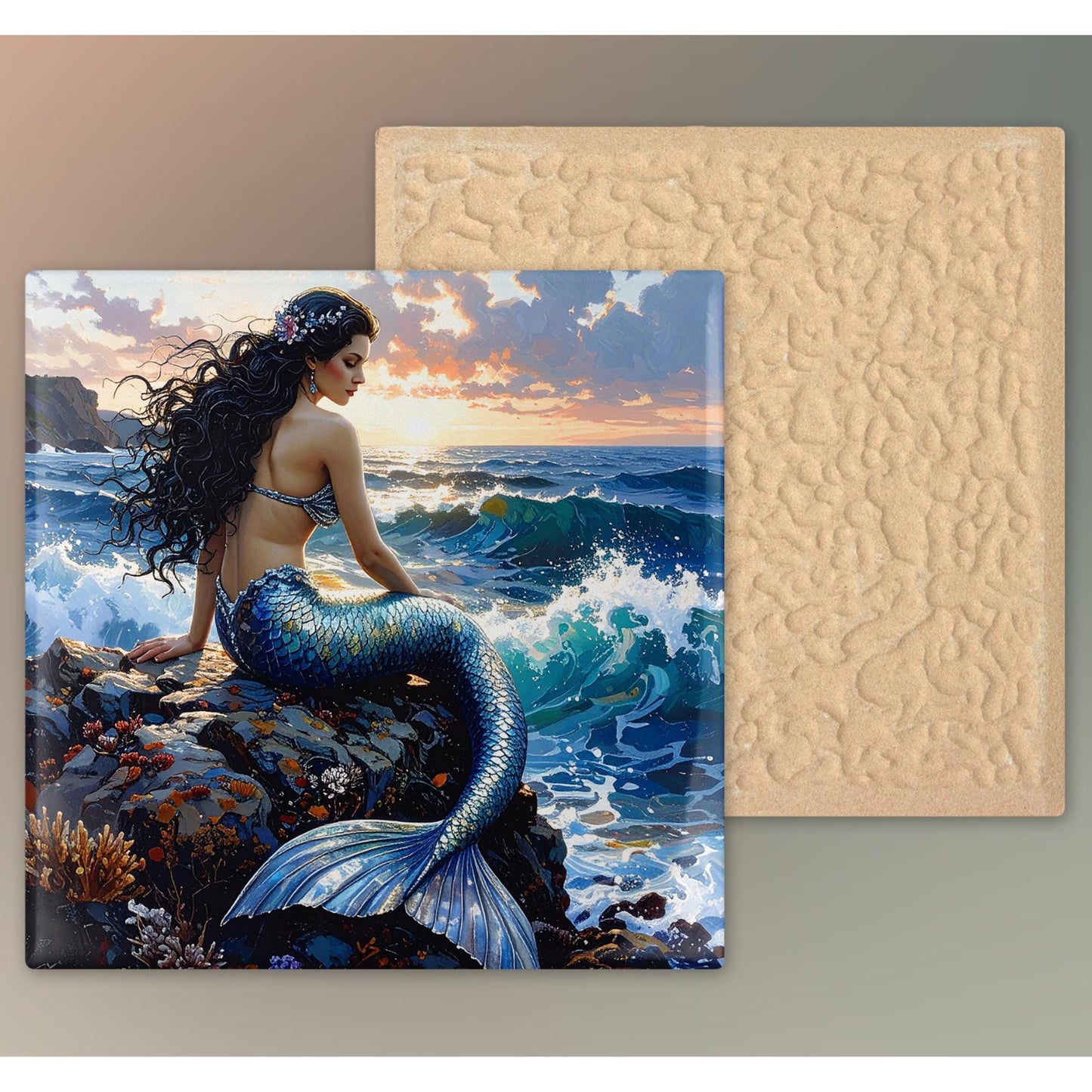 Beautiful Mermaid Ceramic Art Tile, Exotic Coastal Wall Decor for Small Spaces, Unique Sea Creatures Art Gift for Ocean Lovers
