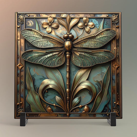 Dragonfly Art Deco Ceramic Tile, Vintage Bronze Dragonfly Art, Elegant Wall Decor for Art Nouveau Style, Retro Home Accents