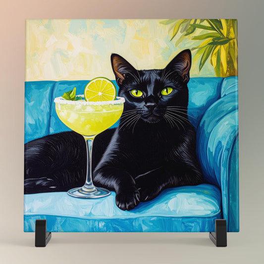Cat Margarita Ceramic Tile Art | Bar Cart Decor | Cat Print, Retro Kitchen Decor | Trendy Wall Art | Dining Room Print