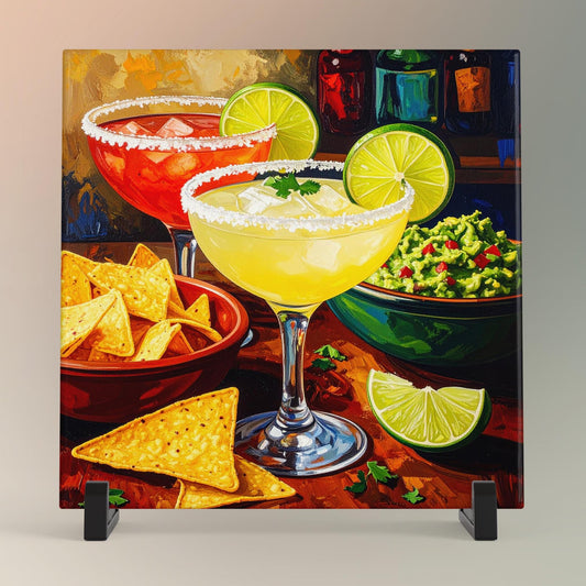 Margaritas with Guacamole and Chips Ceramic Art Tile | Watercolor Whimsical Quirky Art | Cocktail Art Bar Cart Decor | Trendy Kitchen Wall
