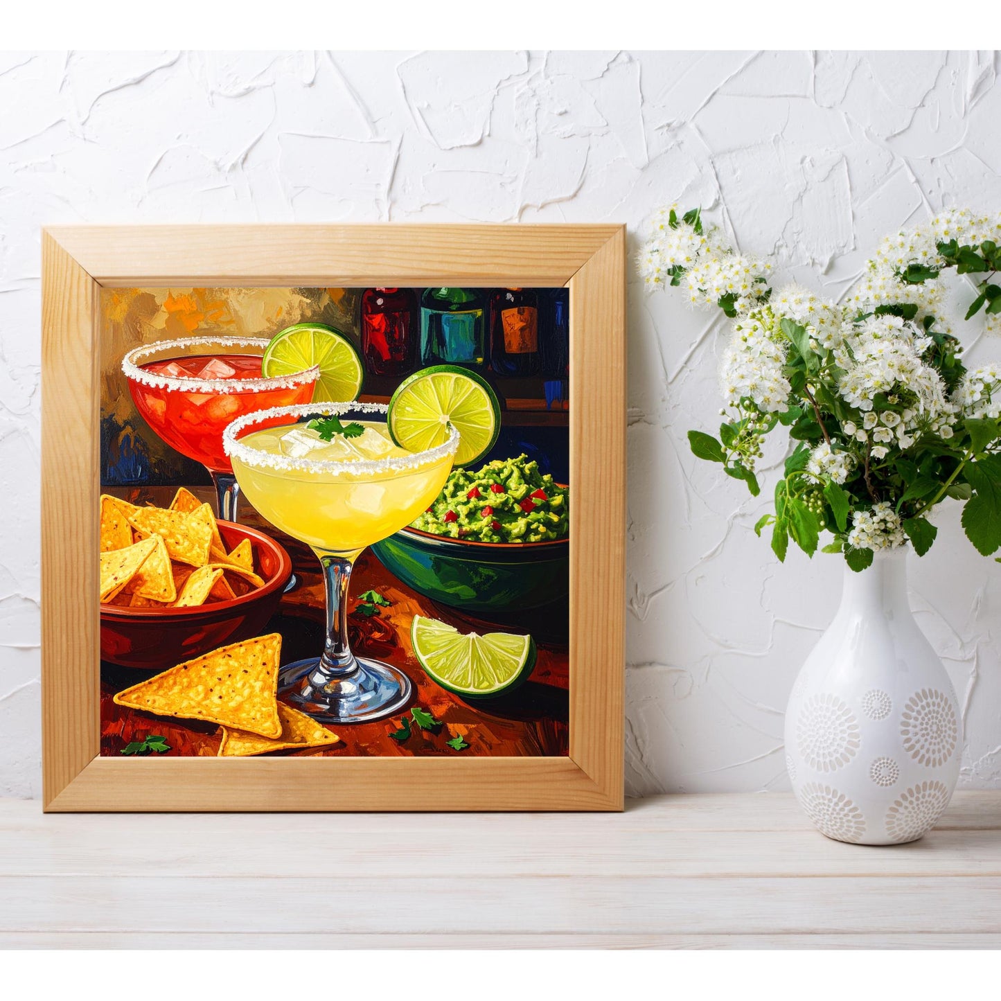 Margaritas with Guacamole and Chips Ceramic Art Tile | Watercolor Whimsical Quirky Art | Cocktail Art Bar Cart Decor | Trendy Kitchen Wall