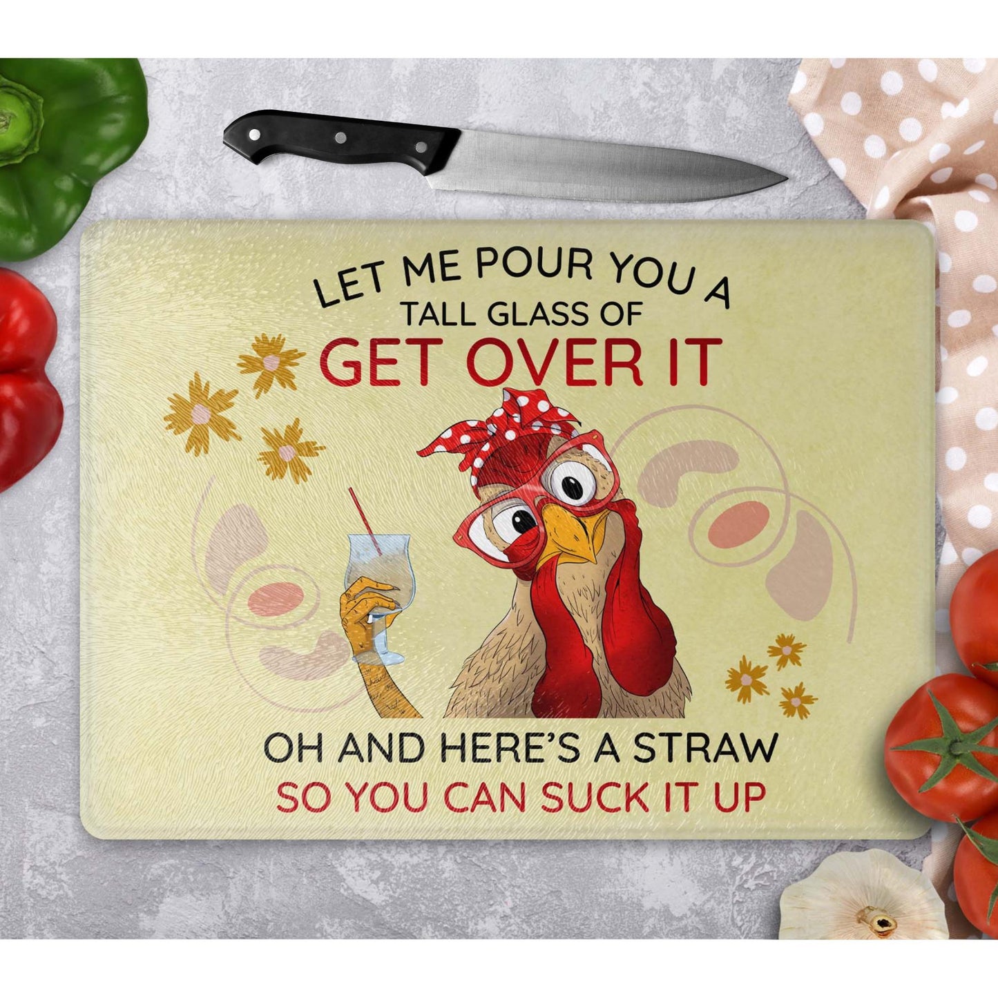 Glass Cutting Board - Quirky Sarcastic Chicken Tempered Glass Chopping Board for Cheese & Charcuterie, Functional Kitchen Art - Home Decor