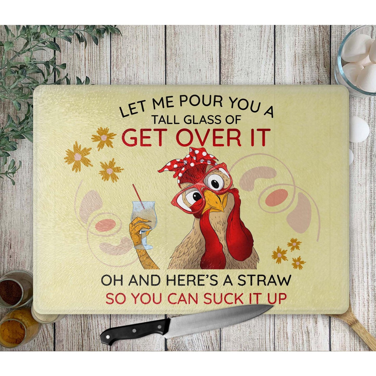 Glass Cutting Board - Quirky Sarcastic Chicken Tempered Glass Chopping Board for Cheese & Charcuterie, Functional Kitchen Art - Home Decor