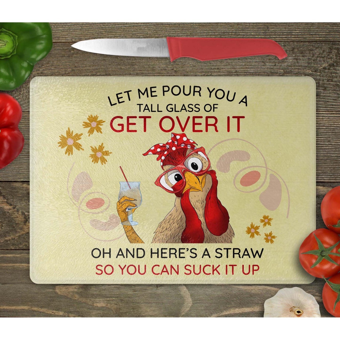 Glass Cutting Board - Quirky Sarcastic Chicken Tempered Glass Chopping Board for Cheese & Charcuterie, Functional Kitchen Art - Home Decor