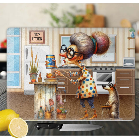 Quirky Grandma's Kitchen Glass Cutting Board, Stunning Tempered Glass Serving Tray for Charcuterie, Funny Home Decor Gift from Grandkids