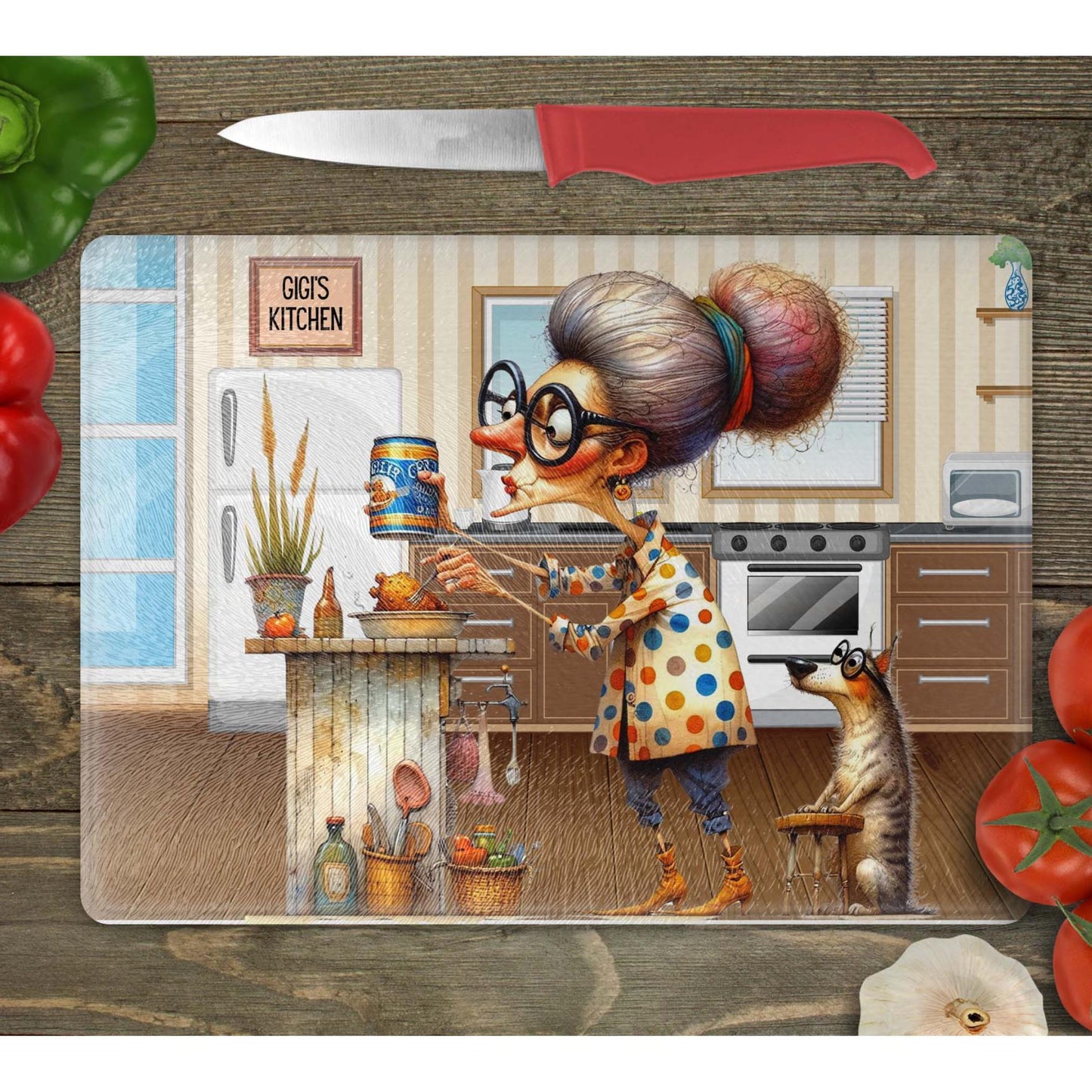 Quirky Grandma's Kitchen Glass Cutting Board, Stunning Tempered Glass Serving Tray for Charcuterie, Funny Home Decor Gift from Grandkids