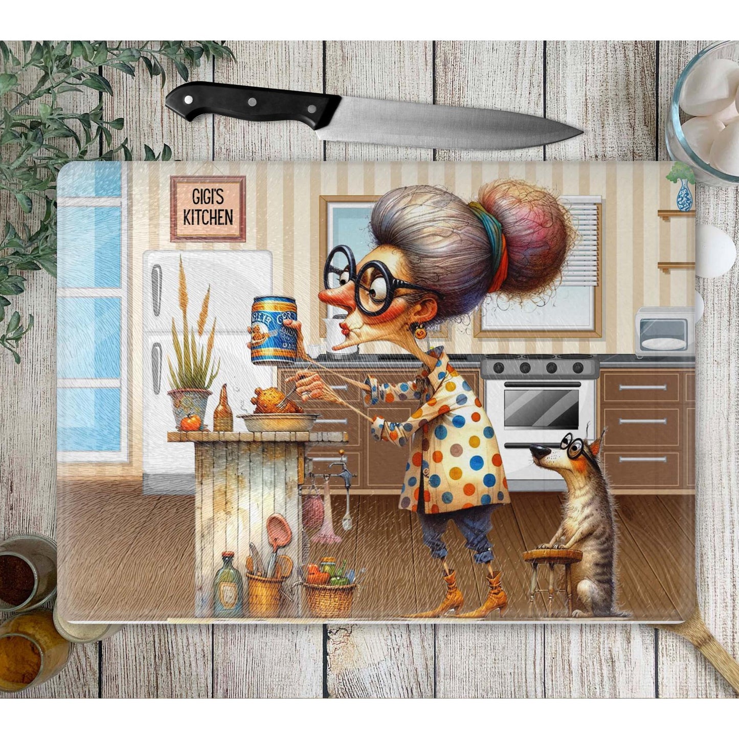 Quirky Grandma's Kitchen Glass Cutting Board, Stunning Tempered Glass Serving Tray for Charcuterie, Funny Home Decor Gift from Grandkids