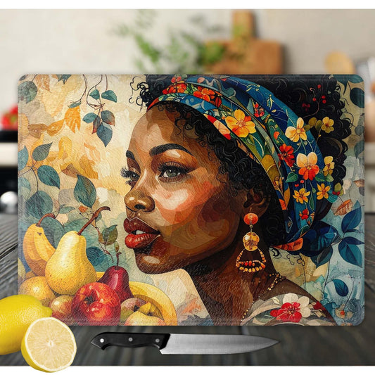 Glass Cutting Board, Black Woman Art, Charcuterie Board, Serving Tray, Hostess Housewarming, African Decor, Functional Kitchen Art