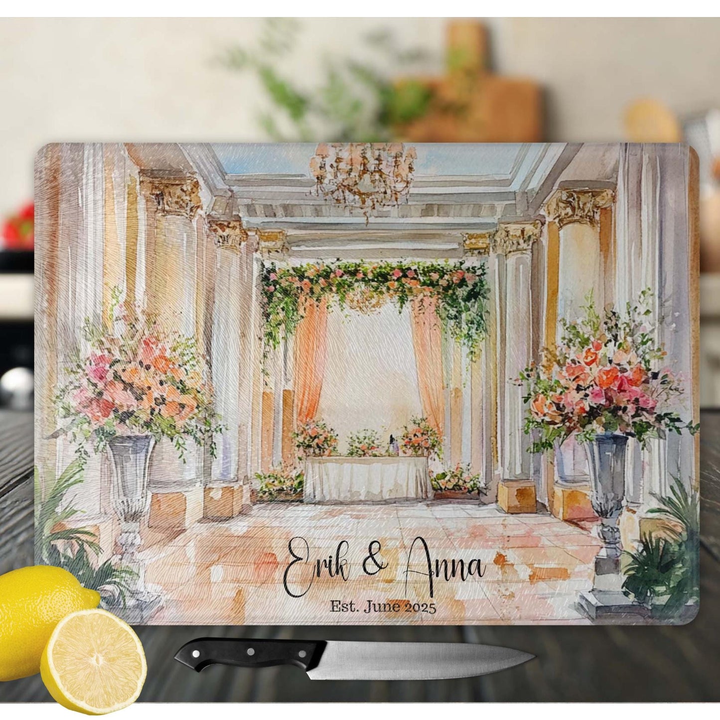 Decorative Glass Anniversary Cutting Board - Personalized Name Chopping Block for Newlyweds, Charcuterie Gift, Unique Kitchen Decor