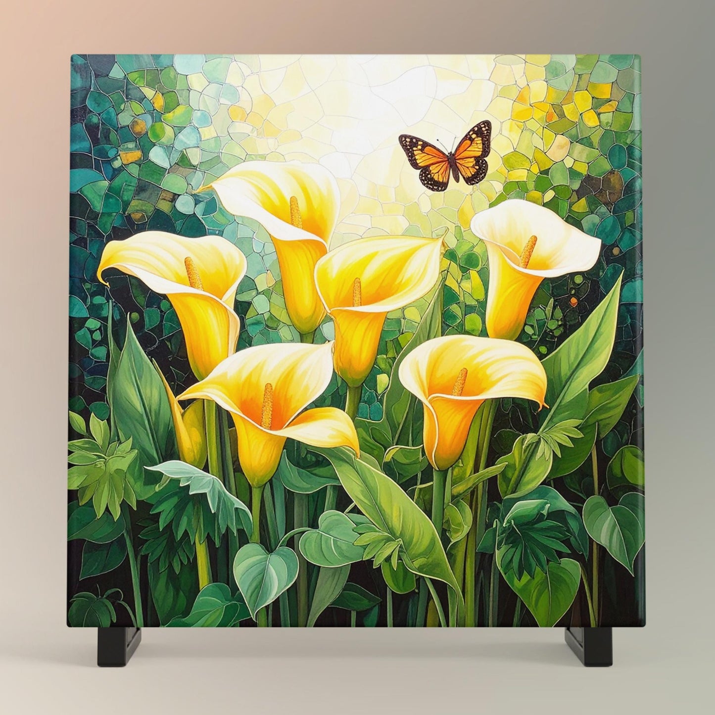 Cala Lillies and Butterflies Ceramic Tile, Custom Wall Art for Spring Summer Decor, Whimsical Floral Art, Ideal Gift for Nature Lovers