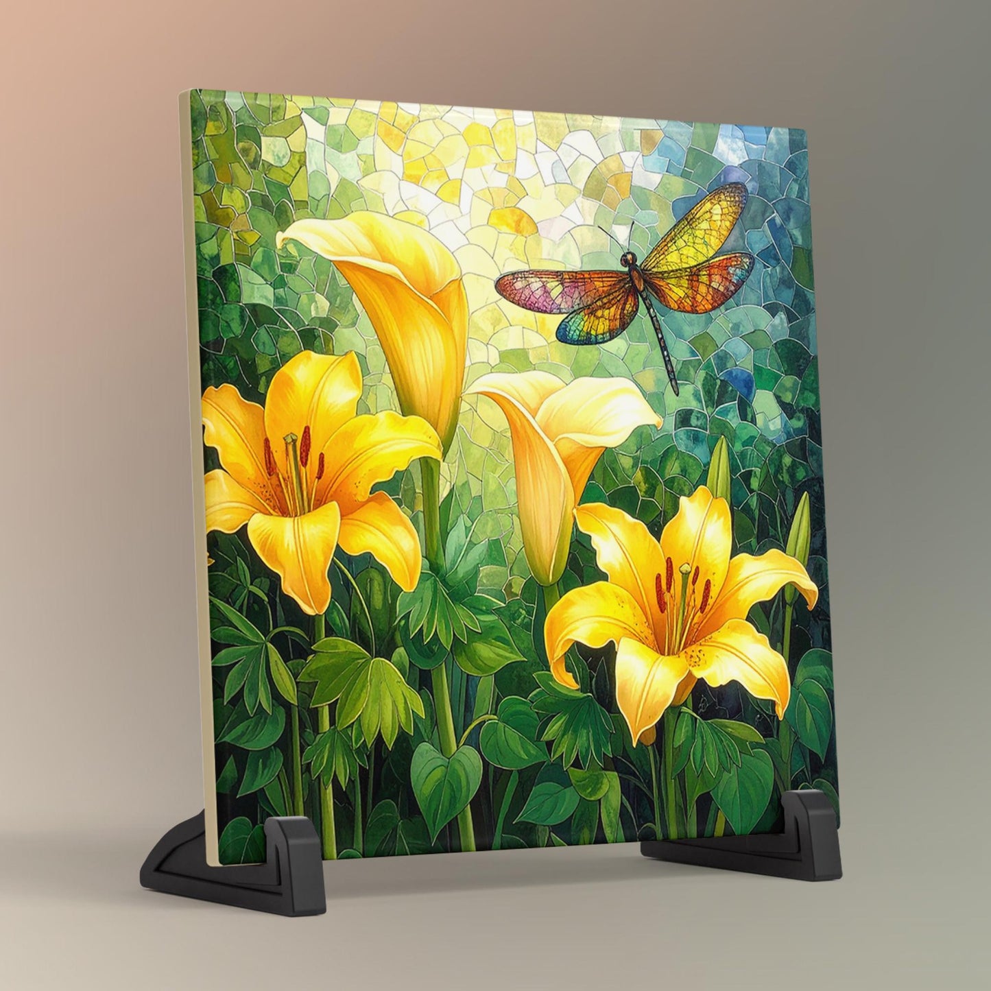 Cala Lillies and Dragonfly Ceramic Tile, Custom Wall Art for Spring Summer Decor, Whimsical Floral Art, Ideal Gift for Nature Lovers