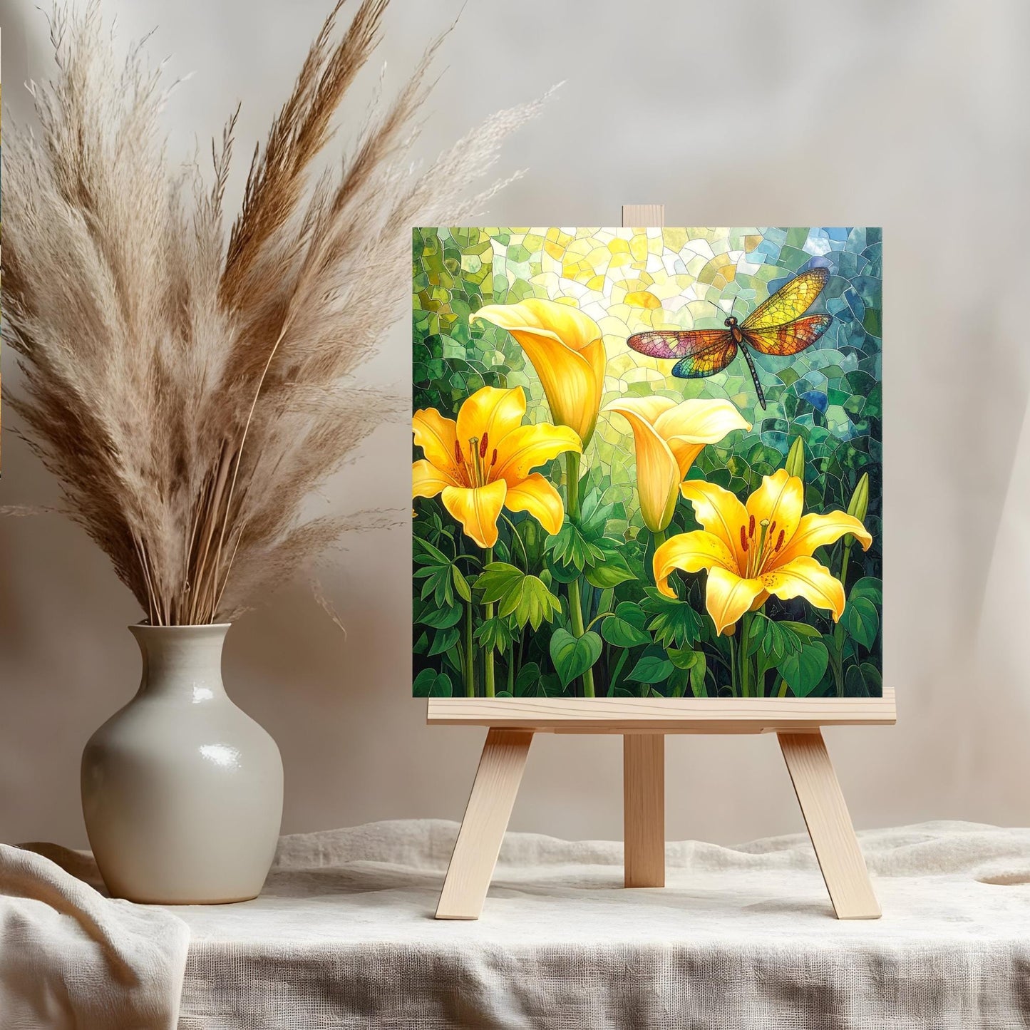 Cala Lillies and Dragonfly Ceramic Tile, Custom Wall Art for Spring Summer Decor, Whimsical Floral Art, Ideal Gift for Nature Lovers