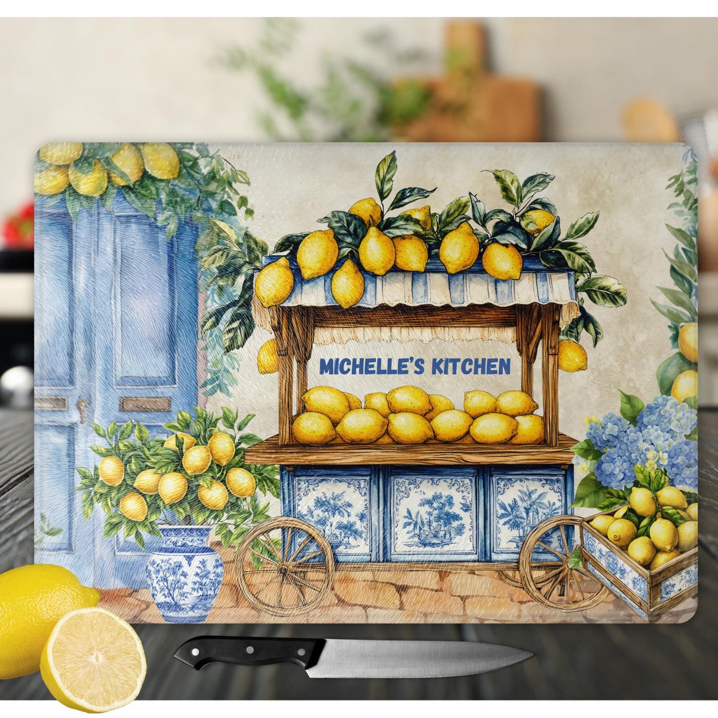 Whimsical Lemon Personalized Cutting Board - Mediterranean Tempered Glass Chopping Board for Cheese & Charcuterie, Functional Kitchen Art