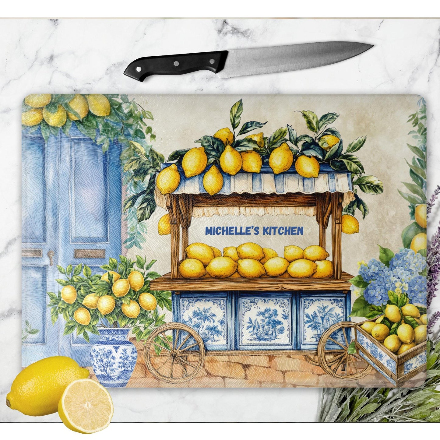 Whimsical Lemon Personalized Cutting Board - Mediterranean Tempered Glass Chopping Board for Cheese & Charcuterie, Functional Kitchen Art
