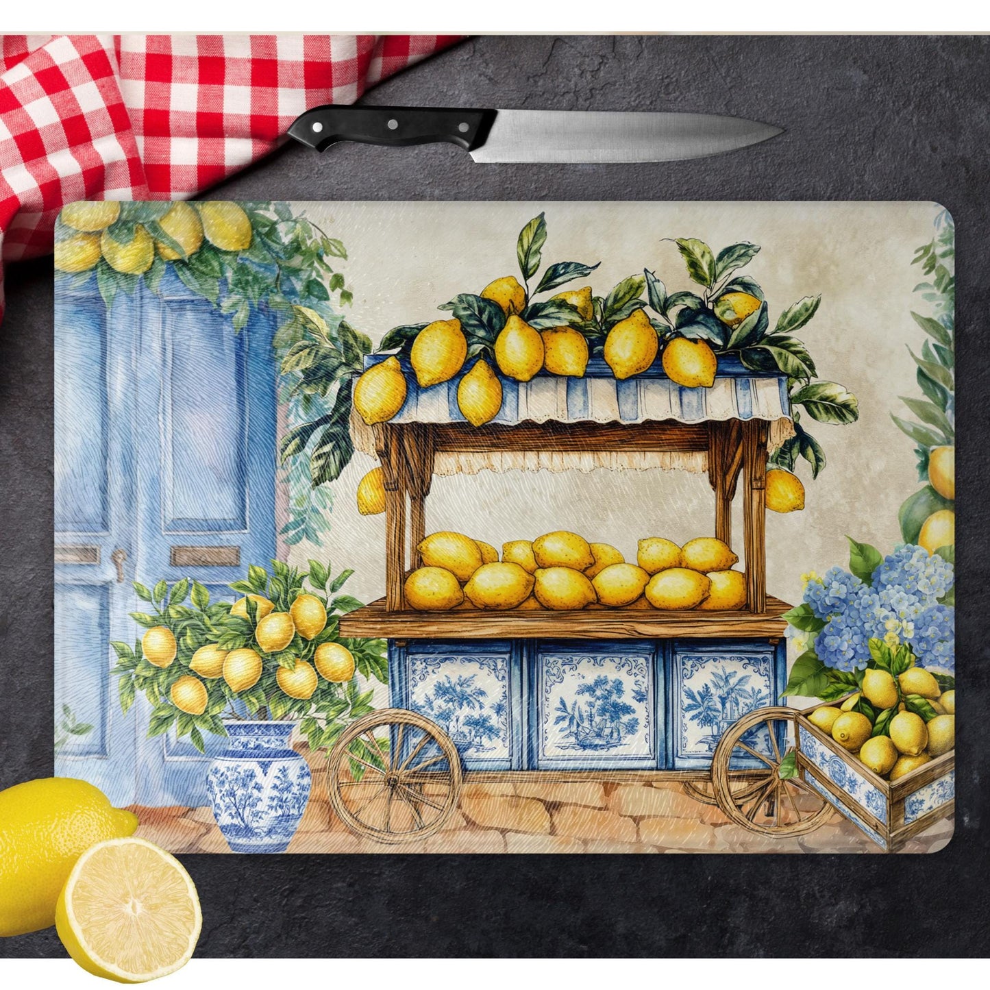 Whimsical Lemon Personalized Cutting Board - Mediterranean Tempered Glass Chopping Board for Cheese & Charcuterie, Functional Kitchen Art