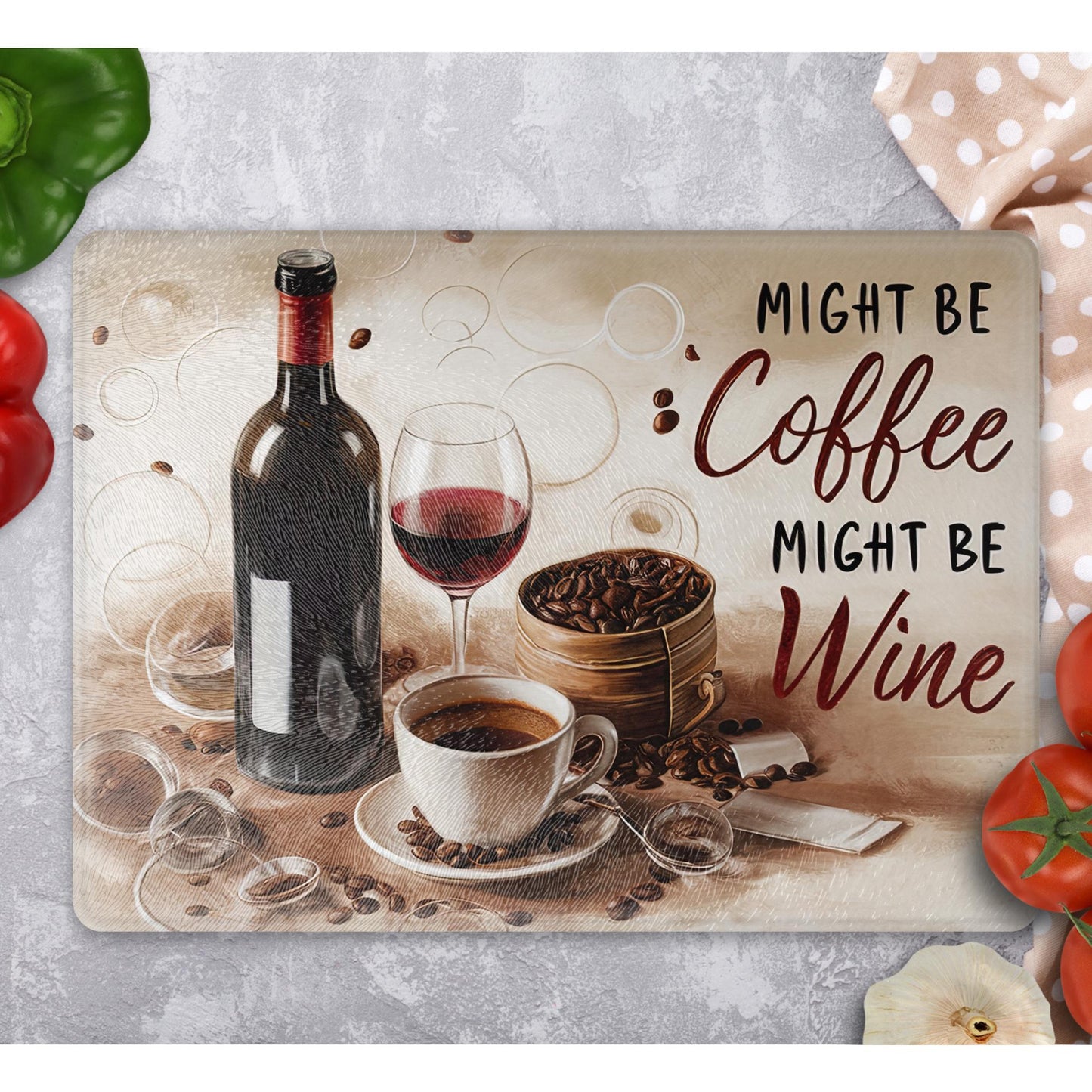 Whimsical Coffee and Wine Glass Cutting Board - Quote Art Tempered Glass Chopping Board for Cheese & Charcuterie, Functional Kitchen Art
