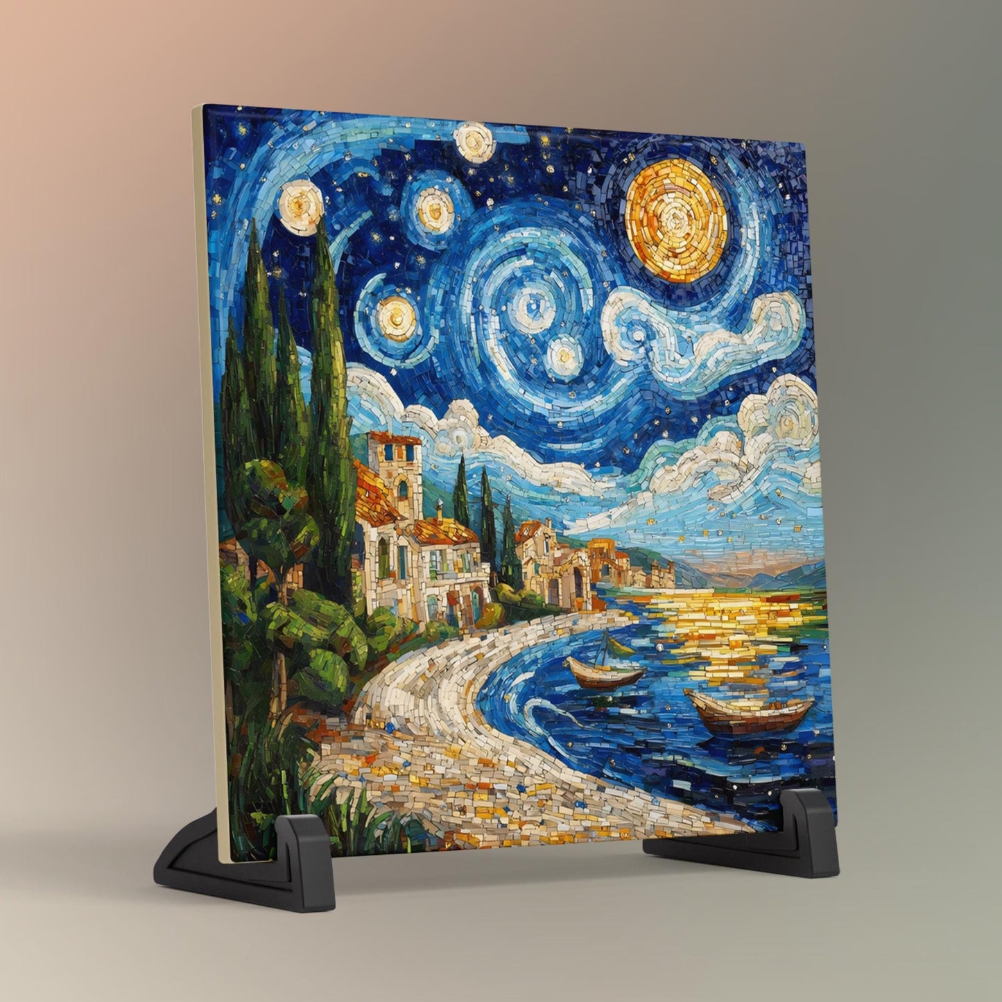 Starry Night Ceramic Art Tile, Stunning Mosaic Style Coastal Decor for Living Spaces, Perfect Housewarming Gift