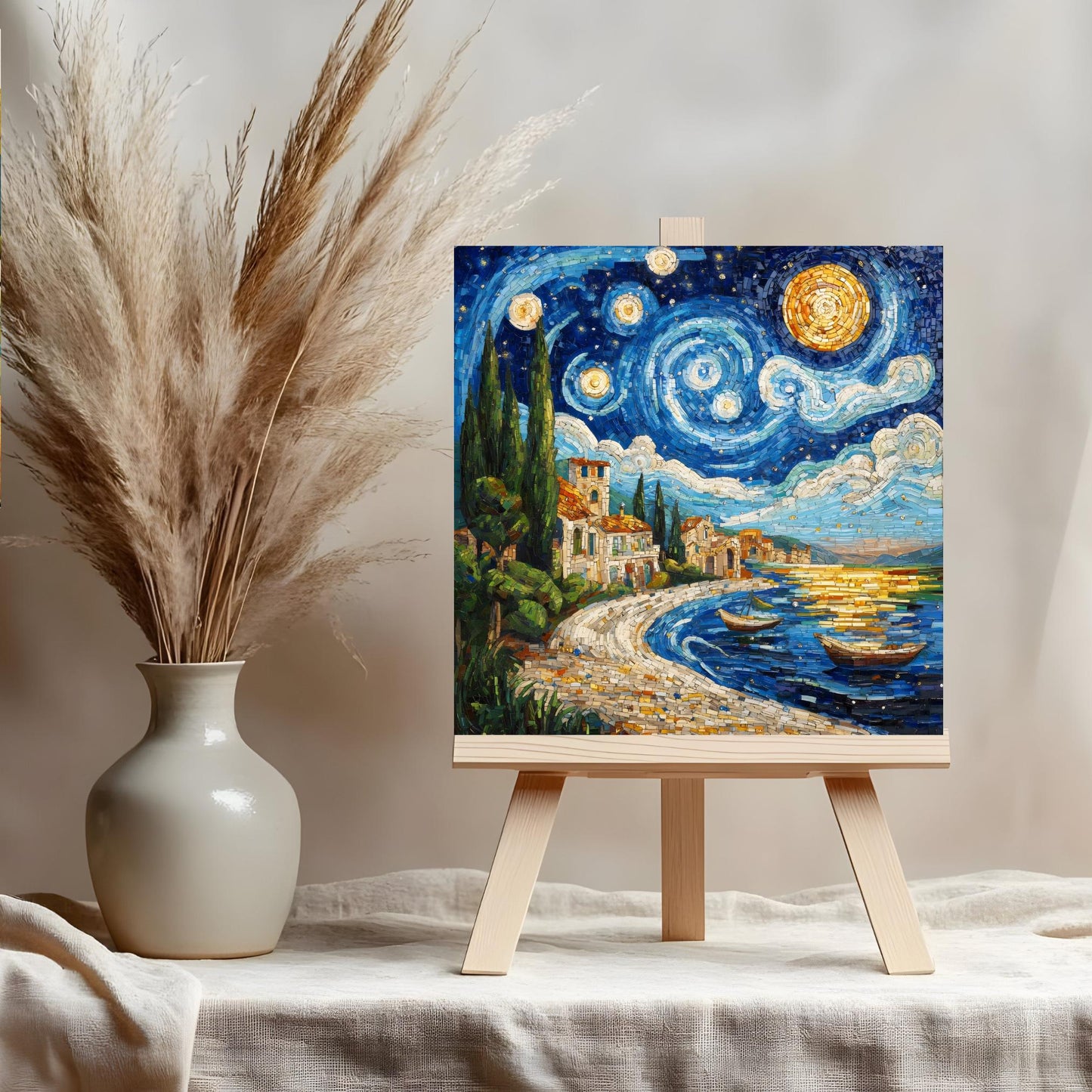 Starry Night Ceramic Art Tile, Stunning Mosaic Style Coastal Decor for Living Spaces, Perfect Housewarming Gift