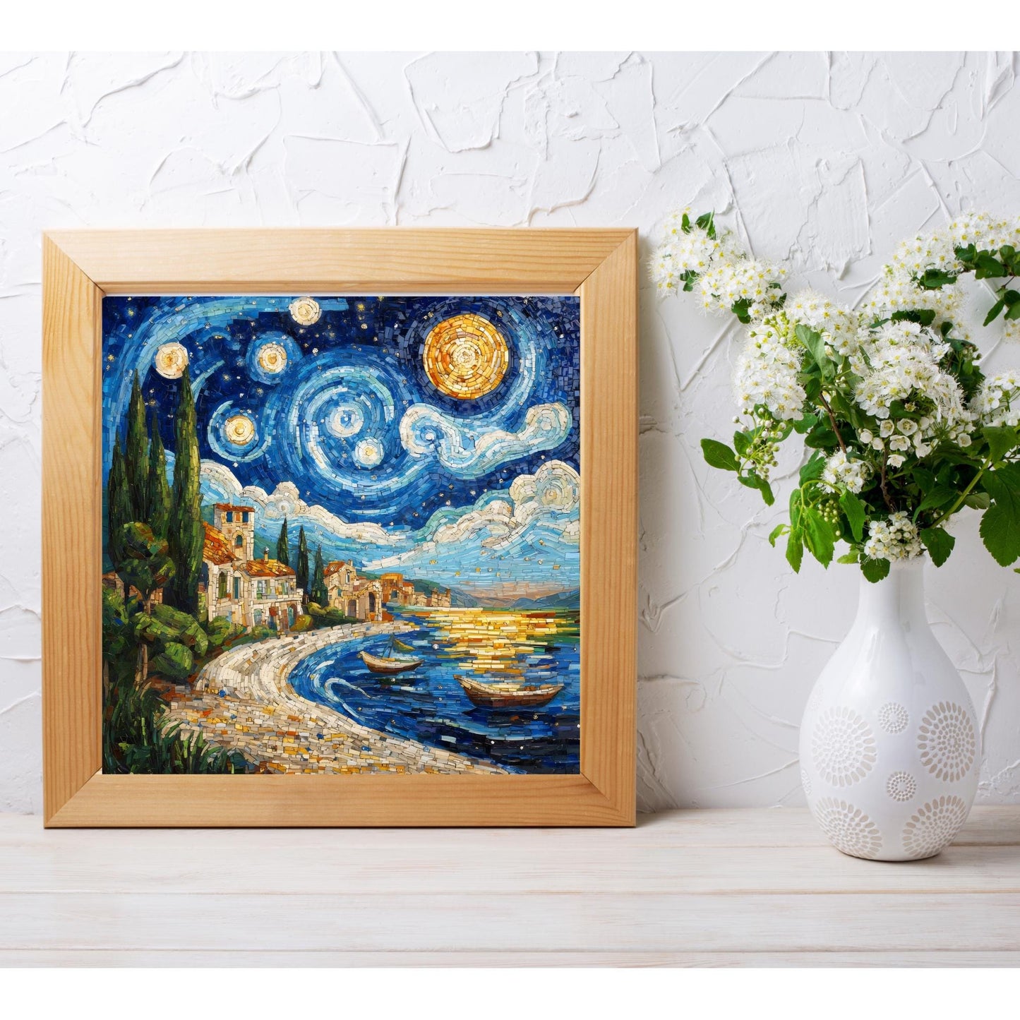 Starry Night Ceramic Art Tile, Stunning Mosaic Style Coastal Decor for Living Spaces, Perfect Housewarming Gift