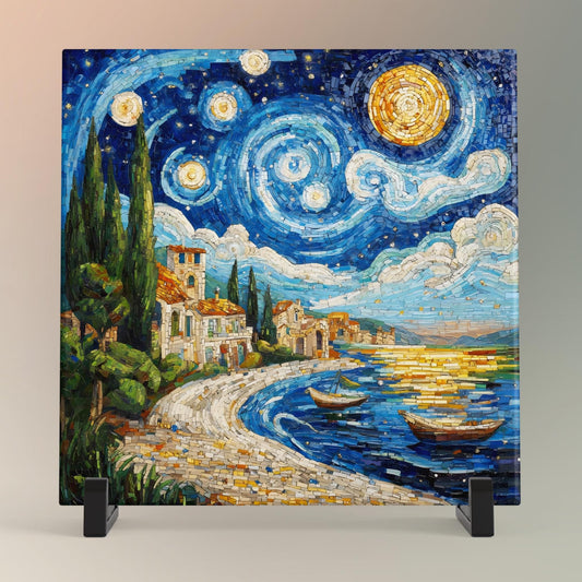 Starry Night Ceramic Art Tile, Stunning Mosaic Style Coastal Decor for Living Spaces, Perfect Housewarming Gift