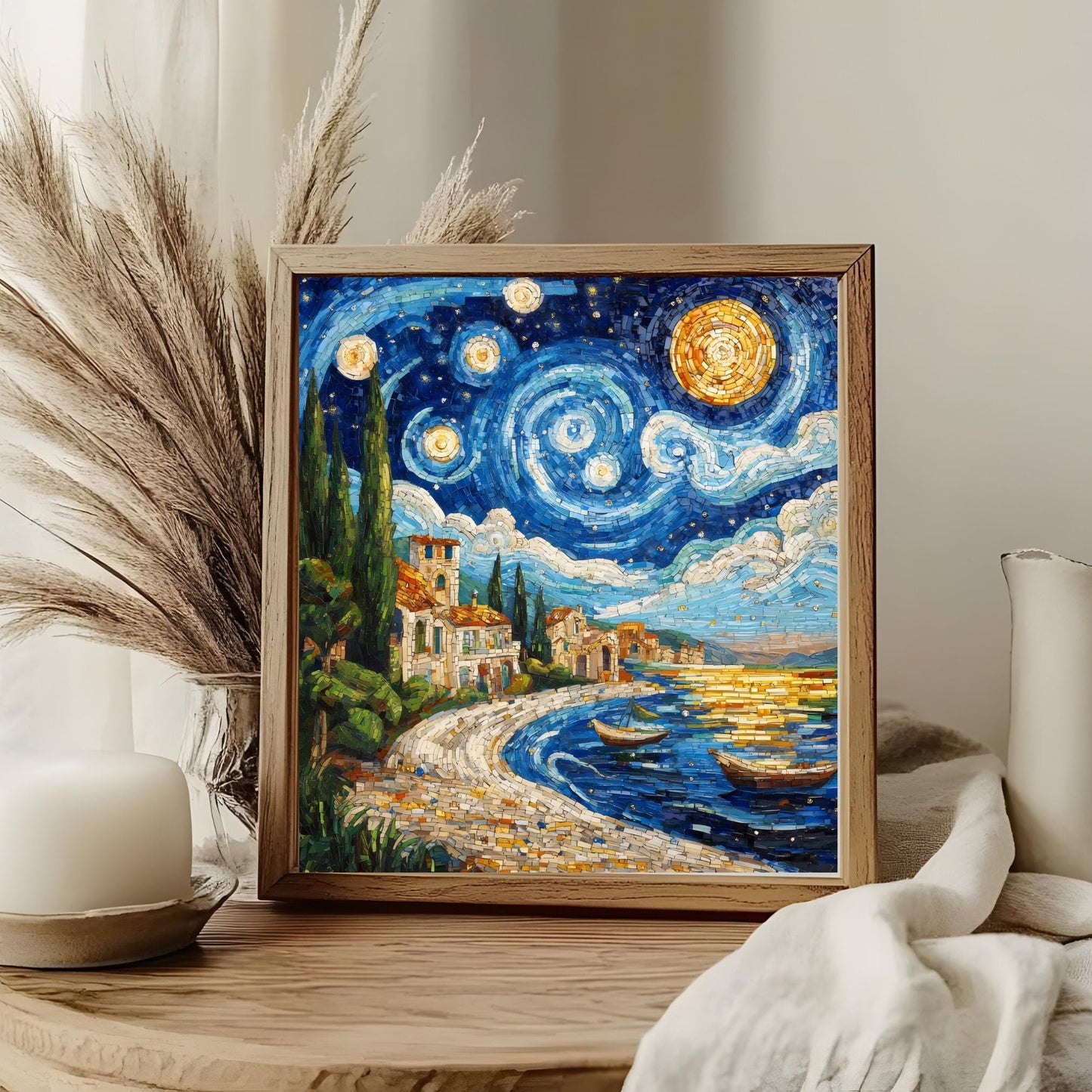 Starry Night Ceramic Art Tile, Stunning Mosaic Style Coastal Decor for Living Spaces, Perfect Housewarming Gift
