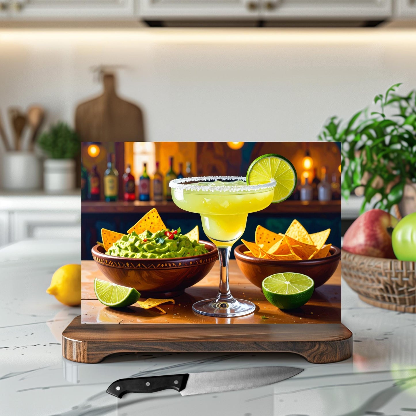 Cutting Board Home Decor Gift - Margarita with Guacamole and Chips Tempered Glass Chopping Board for Cheese & Charcuterie, Kitchen Art